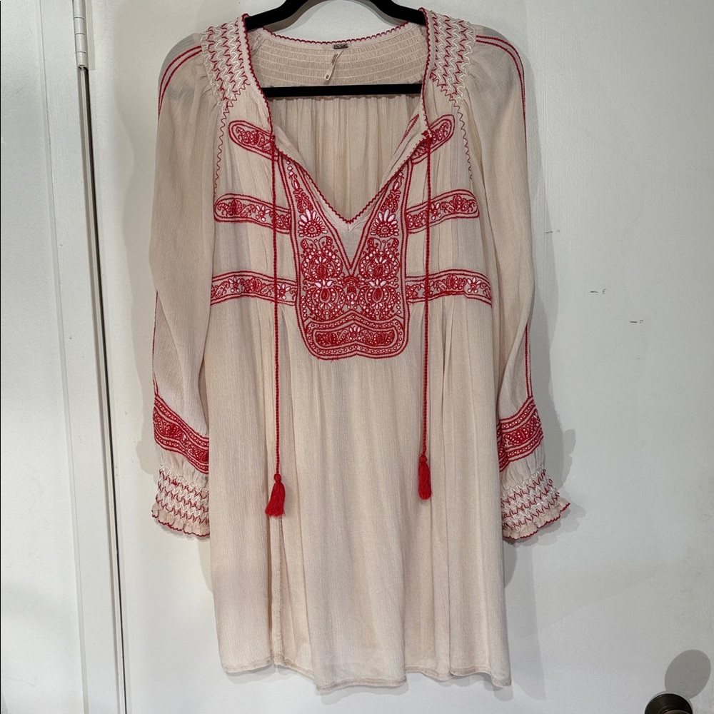 Free People Embroidered Red and Cream Women's Top/Dress Smocked Details Size XS